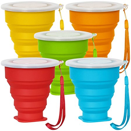 5 Pack Collapsible Travel Cup with Lid, 6Oz Silicone Foldable Drinking Mug, SENHAI BPA Free Retractable for Hiking Camping Picnic - Blue, Green, Yellow, Orange, Red