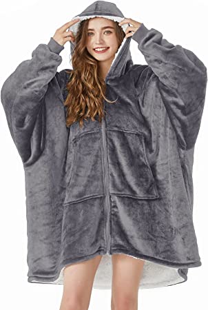 TOPCEE Oversized Blanket Hoodie Sweatshirt with Zip, Cozy Warm Hooded Sherpa Fleece Wearable Blanket, Louging Blanket with Giant Pocket, Gifts for Adults Girlfriend Wife and Daughter. (Grey)