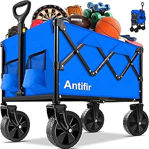 Collapsible Folding Wagon Cart, Portable Garden Wagon Cart All Terrain with Large Capacity, Heavy Duty Foldable Utility Wagon Cart for Groceries, Sports, Shopping, Camping Outdoor, Blue