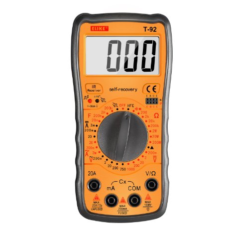 ELIKE T-92 Self-Recovery Digital Multimeter Amp/Ohm/Volt with Diode,Continuity, Capacitance,hFE,IR Detector and Livewire Identification