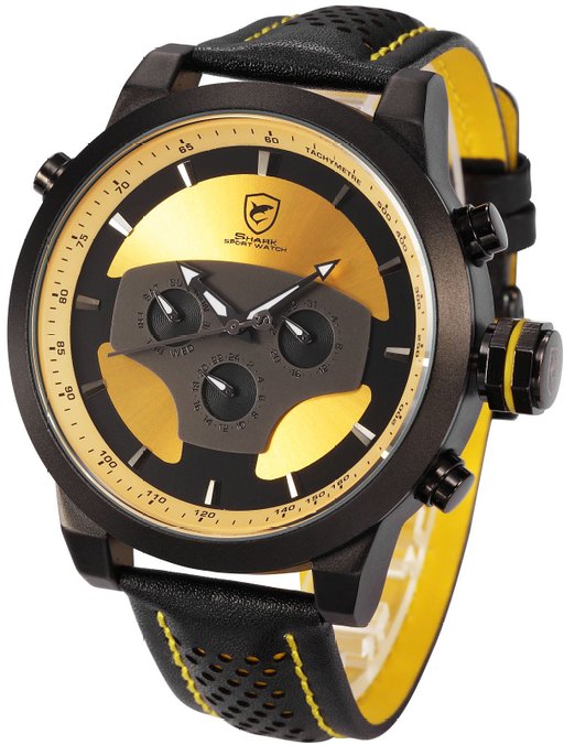 Yellow Requiem Shark Series Dual Time Zone Analog Date Day Mens Leather Sport Wrist Watch SH208