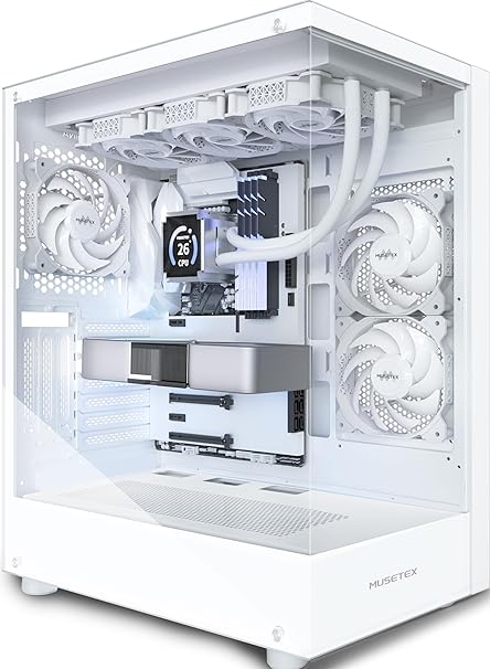 MUSETEX PC CASE ATX 3 Fans Pre-Installed, Type-C Mid Tower Computer Case with Full View Dual Tempered Glass, Gaming PC Case,White(K2)