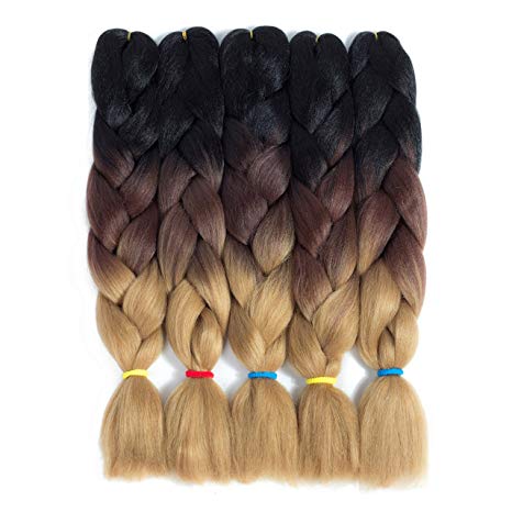 LOSMOEER 24Inch Ombre Jumbo Braiding Crochet Hair Box Braid 5Pcs/Lot Jumbo Braiding Hair Kanekalon Synthetic for Senegalese Twists Hair Extension (3 Tone Black-Chocolate-Linen)