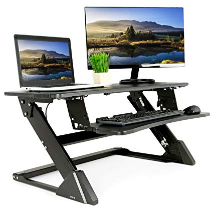 VIVO Black Height Adjustable Dual Tier Pneumatic Spring Stand up Desk Converter | 35" Sit to Stand Tabletop Monitor Riser Ergonomic Workstation (DESK-V000L)