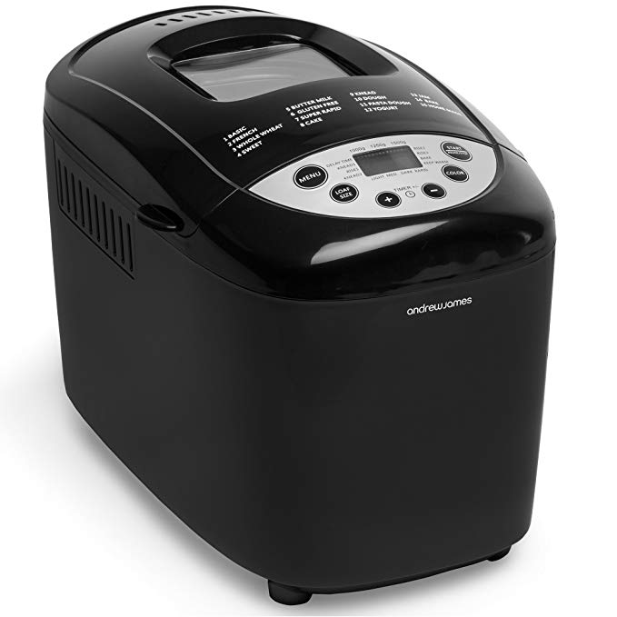 Andrew James Bread Maker | Dual Blade with 15 Functions Including Gluten Free Program Delay Timer and Keep Warm Functions | 850W | Black