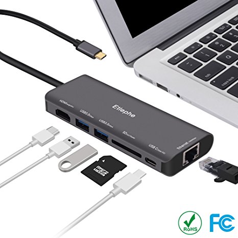 USB Type C Hub Adapter , Ethlephe USB C Adapter 3.1 with Type C Charging Port , 4K HDMI Output, SD/Micro Card Reader, 1000Mbps Ethernet, 2 USB 3.0 port for MacBook Pro, XPS and More Type-C Devices