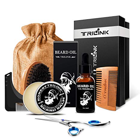 Beard Care Grooming Kit for Men – Includes Conditioner Oil, Beard Balm Butter Wax, Boar Bristle Beard Brush, Wood Comb, Mustache Trimming Scissors, Shaping & Styling Tool - Best Beard Growth Gift Set