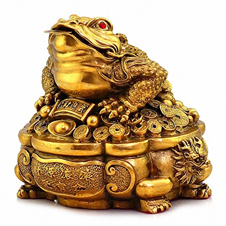Large Size Brass Thriving Business Feng Shui Money Frog(Three Legged Wealth Frog or Money Toad) with Treasure Basin Statue , Attract Wealth and Good Luck,Feng Shui Decor