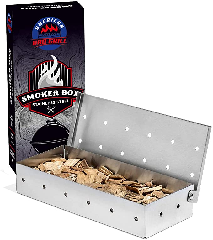 American BBQ Grill Smoker Box - For Smoking Wood Chips and Woodchips - Heavy Duty Stainless Steel - Smoky Flavor Grilled Meat and Fish - For Gas and Charcoal Grill - Perfect Smokebox Gift for Him