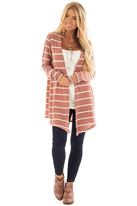 Myobe Women's Elbow Patch Shawl Collar Thick Striped Open Front Cardigan Sweaters Coat Outwear