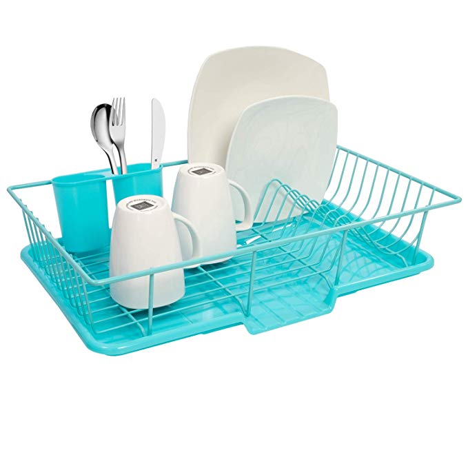 Sweet Home Collection Dish Rack Drainer 3 Piece Set with with Drying Board and Utensil Holder, 12" x 19" x 5", Turquoise