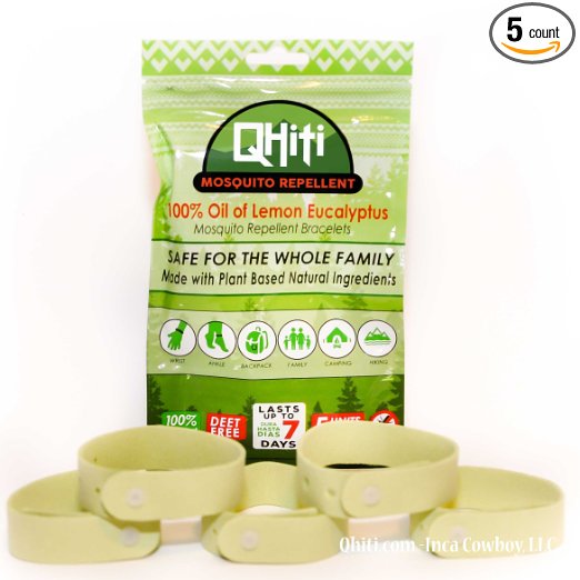 Mosquito Repellent Waterproof Bracelets 5 Pack By Qhiti - Deet-Free, All Natural Oil Of Lemon Eucalyptus Adjustable Microfiber Bands - Safe For Kids & Family - For Travel, Outdoor & Indoor Protection