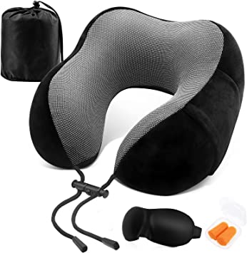 Leaflai Travel Pillow Neck Pillow for Aeroplane, 100% Memory Foam Pillow, Neck and Head Support Pillow for Aeroplane/Car/Office/Home, Travel Pillow Set with Storage Bag, Sleep Mask and Ear Plugs