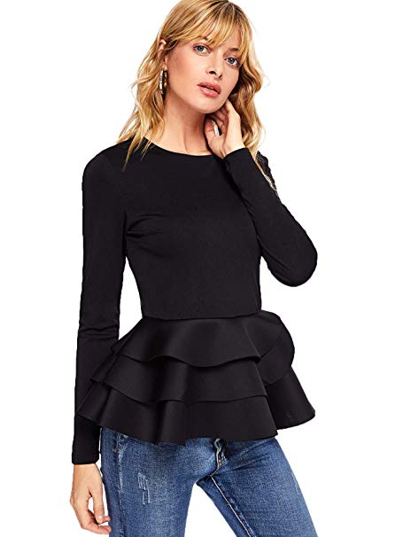 Romwe Women's Vintage Layered Ruffle Hem Slim Fit Round Neck Peplum Blouse