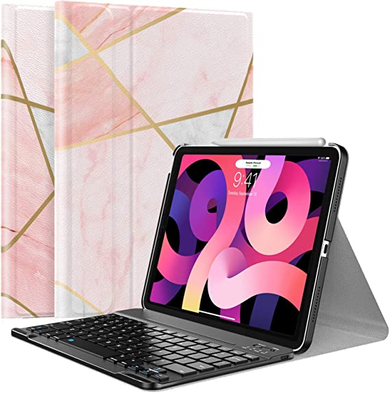 MoKo Keyboard Case Fit iPad Air 4th Generation 2020, iPad Air 4 Case [Support Apple Pencil 2 Charging] Detachable Wireless Bluetooth Keyboard Stand Cover Fit iPad 10.9" 2020, Geometric Marble Pink