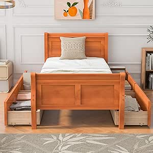 Harper & Bright Designs Twin Storage Bed, Twin Size Platform Bed with 4 Drawers and Streamlined Headboard & Footboard, Solid Wood Bed Frame for Kids Teens Adults (Oak)