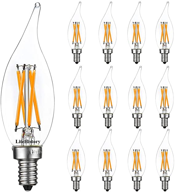 LiteHistory E12 led Bulb Dimmable 6W Equal 60 Watt LED Light Bulbs 2700K AC120V led Edison Bulb CA10 CA11 led Candelabra Bulb for Chandelier Light Bulbs and Ceiling Fan Light Bulbs 600LM Clear 12Pack