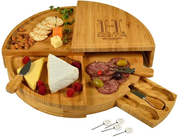 Custom Personalized Engraved Bamboo Cheese/Charcuterie Cutting Board with Knives & Cheese Markers - Stores as a Compact Wedge - Opens to 18" Diameter - Designed By Picnic at Ascot USA