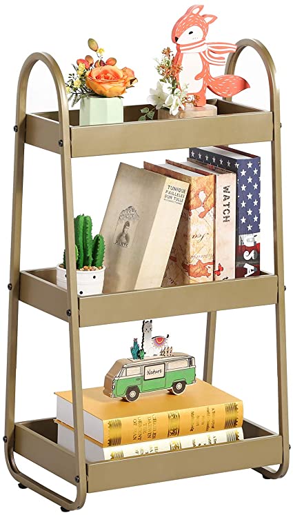 VECELO 3 Tier Utility Cart Wire Shelving Unit Heavy Duty Shelf Organizer Rack with Handle for Living Room/Bedroom/Bathroom/Office, Gold