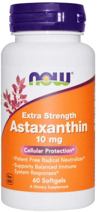 NOW Supplements, Astaxanthin 10mg, Extra Strength,derived from Non-GMO Haematococcus Pluvialis Microalgae and has naturally occurring Lutein, Canthaxanthin and Beta-Carotene, 60 Softgels