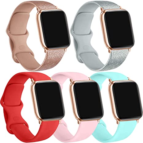 [5 Pack] Silicone Bands Compatible for Apple Watch Bands 42mm 44mm, Sport Band Compatible for iWatch Series 6 5 4 3 SE(Light blue/Shine rosegold/Shine silver/Orange red/ Pink, 42mm/44mm-M/L)