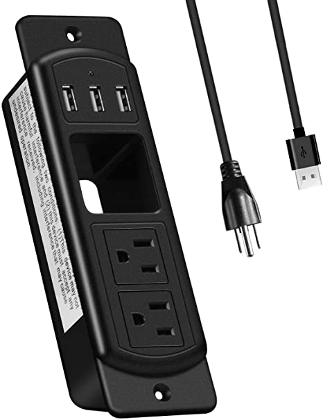 Recessed Desk Power Strips Socket, Black Desktop Plugs Outlets with USB Ports 6.5 FT Extension Cord Power Hub for Conference Kitchen Office Home Hotel Furniture