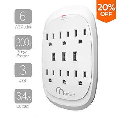 ON USB Wall Tap Surge protector- 6 Outlets Power Strip with 3 USB Charger- 3.4A output- Portable Wall-Mount Socket- 300 J Surge Protection & Smart Charging For Home- Office- Kitchen- Travel- White