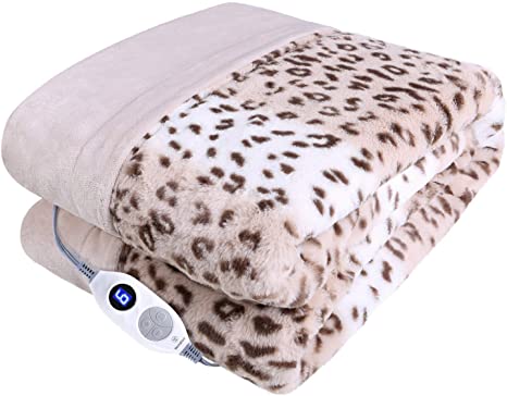 Westinghouse Electric Blanket Heated Throw Luxury Faux Fur to Flannel Reversible Heating Blanket 50"x60", 6 Heat Settings & 4 Hours Auto Off, Machine Washable Leopard Print 50x60in