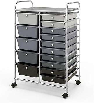 COSTWAY 15 Drawers Storage Trolley, Home Office Stationary Rolling Cart with 4 Wheels, Multipurpose Mobile Organiser Shelving Unit for Makeup Beauty Salon (Gradient Black with Silver Frame)