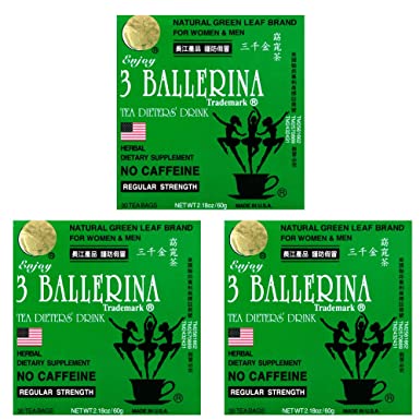 3 Ballerina Natural Green Leaf Brand Naturally Caffeine Free Diet Tea for Women & men (Regular Strength/30 bags, 3 Packs)