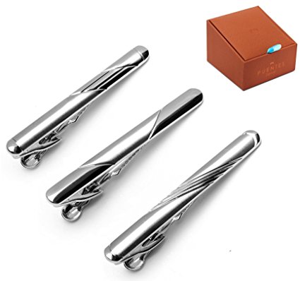GQ Gift Boxed 3 Pc Tie Clip Set, Brushed Silver Tone Assorted Styles Modern Collection