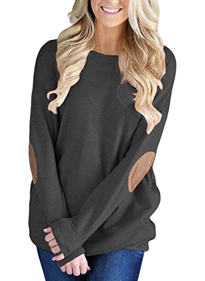 FARYSAYS Women's Casual Loose Long Sleeve Crewneck Elbow Patch Sweatshirt Tunic Tops