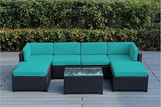 Ohana Mezzo 7-Piece Outdoor Wicker Patio Furniture Sectional Conversation Set with Weather Resistant Cushions (Turquoise-04)