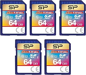 Silicon Power 5-Pack 64GB Elite SDXC Card Class 10 UHS-1 Compatible, Max Read Speed 85MB/s, Waterproof