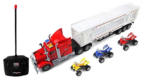 Racing 500 Trailer Remote Control RC Transporter Semi Truck Ready to Run w/ 3 Toy ATVs (Colors May Vary)
