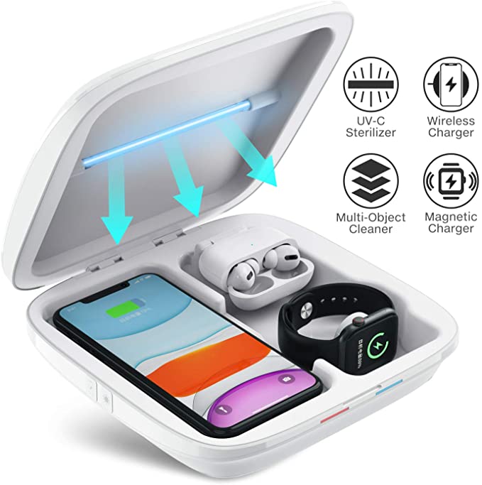 UV Sanitizer 3-in-1 Wireless Charger for Smartphone Smartwatch Earbuds Multi-Function Charging Station UV Light Sterilizer Cell Phone Cleaner Disinfector for iOS Android Devices, Jewelry, Watch, Masks