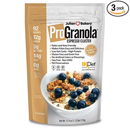 ProGranola 12g Protein Cereal : (Espresso/Coffee) (Paleo : 3 Net Carbs : Gluten-Free : Grain-Free) (3 Pack : 45 Servings)