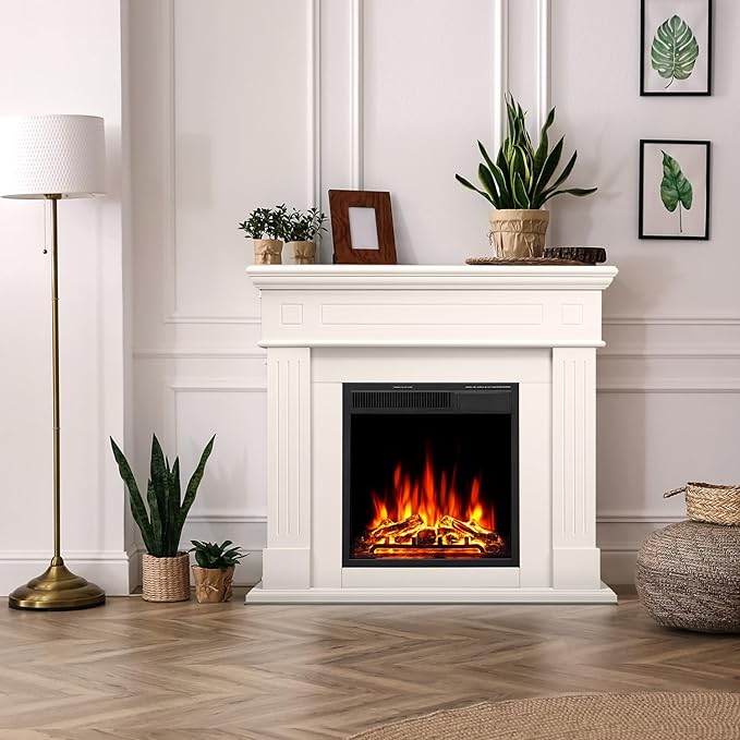 R.W.FLAME 43” Electric Fireplace Mantel Wooden Surround Firebox, TV Stand with Freestanding Electric Fireplace, Remote Control, Adjustable Led Flame, 750W/1500w Cream