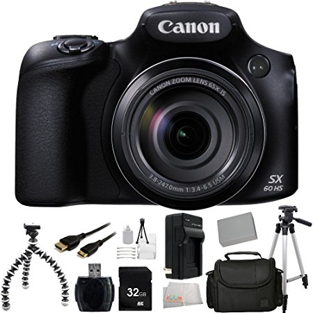 Canon PowerShot SX60 HS Digital Camera   32GB Bundle 12PC Accessory Kit. Includes 32GB Memory Card   High Speed Memory Card Reader   Extended Life Replacement Battery (NP-10L)   Charger   Mini HDMI Cable   Full Size Tripod   Carrying Case   Flexible Gripster Tripod   Starter Kit   Microfiber Cleaning Cloth