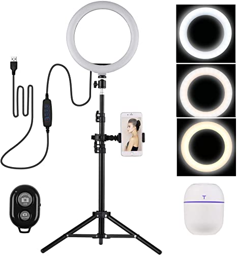 Andoer 10 Inch Ring Light Kit 3 Lighting Modes 3200-5600K Dimmable USB Powered with Phone Holder Ballhead Adapter Metal Light Stand Mini Humidifier for Makeup Video Photography Blogging Portrait