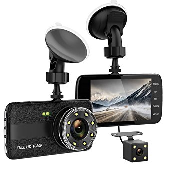 Dash Cam, TenTenCo 4.0" Dash Camera for Cars with Full HD 1080P Front   VGA Rear, 170 Degree Super Wide Angle Cameras, 4.0" IPS Display, G-Sensor, Night Vision, WDR, Loop Recording