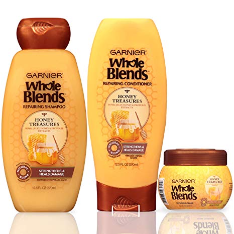 Garnier Hair Care Whole Blends Honey Treasures Repairing Shampoo, Conditioner, and Hair Mask, For Damaged Hair, 1 Kit