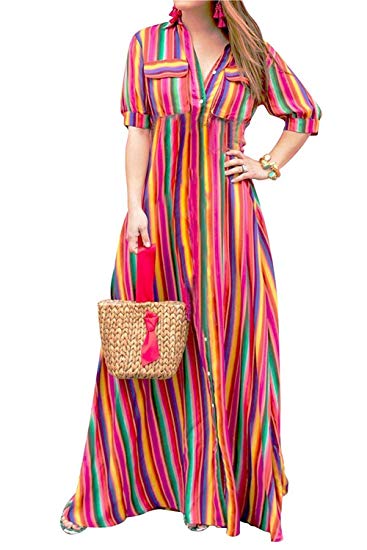 LAMISSCHE Womens Rainbow Button Down Roll up Sleeve Stripes Maxi Dress with Pockets
