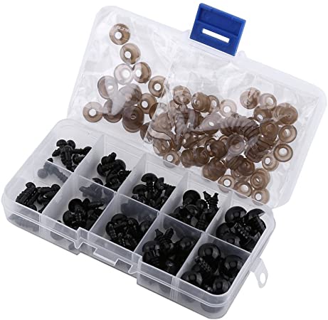 100pcs 6-12mm Plastic Safety Eyes with Washers for Doll Making, Safety Black Eyes DIY Craft Kit with Gasket Teddy Bear Doll Animal Crafts, Amigurumi Eyes