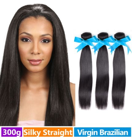 Rechoo Brazilian Virgin Remy Straight Hair Weave Unprocessed Human Hair Extension Silky Straight 3 Bundles 300g Natural Black 12"14"16"