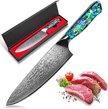 8 Inch Chef Knife Japanese Damascus Steel Kitchen Chef's Knife Razor Sharp Meat Cleaver with Ergonomic Natural Resin Handle Cooking Knife,Gift Box