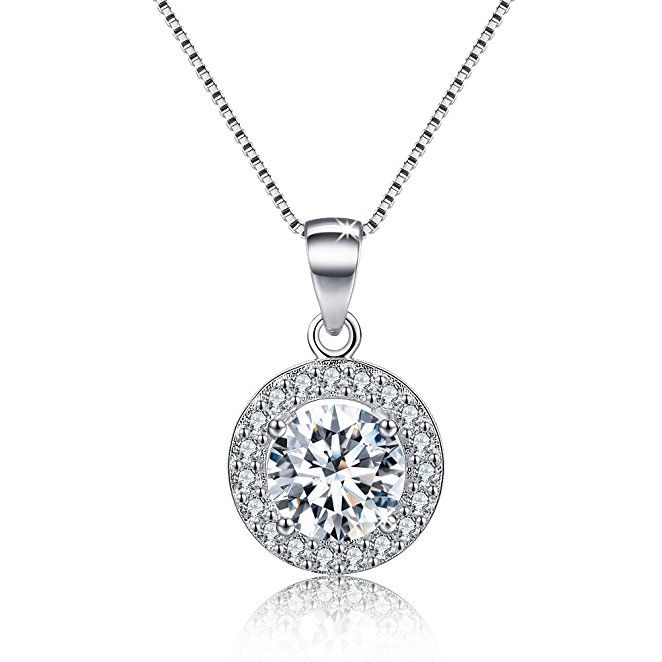 Sterling Silver Necklace for Women Halo Necklace Round Cubic Zirconia CZ Necklace Simulated Diamond