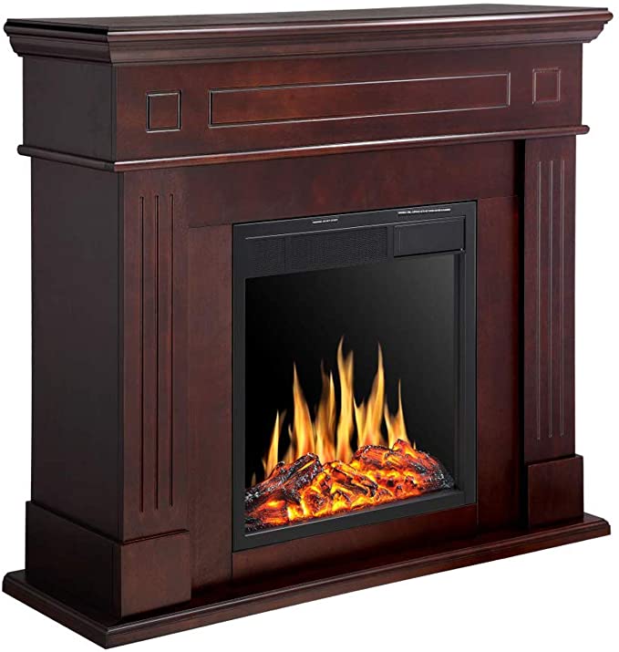 R.W.FLAME Electric Fireplace Mantel Wooden Surround Firebox, Freestanding Corner Fireplace, Home Space Heather, Adjustable Led Flame, Remote Control,750W/1500W, Brown