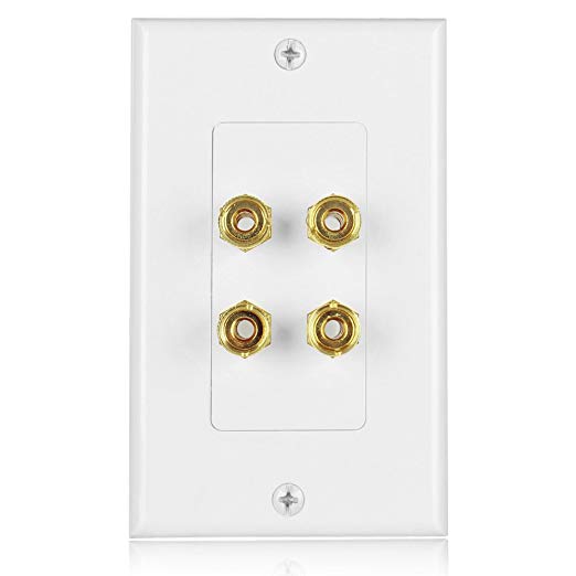 TNP Home Theater Speaker Wall Plate Outlet - 2 Speaker Sound Audio Distribution Panel Gold Plated Copper Banana Plug Binding Post Connector Insert Jack Coupler (2 Pair, Single Gang, White)