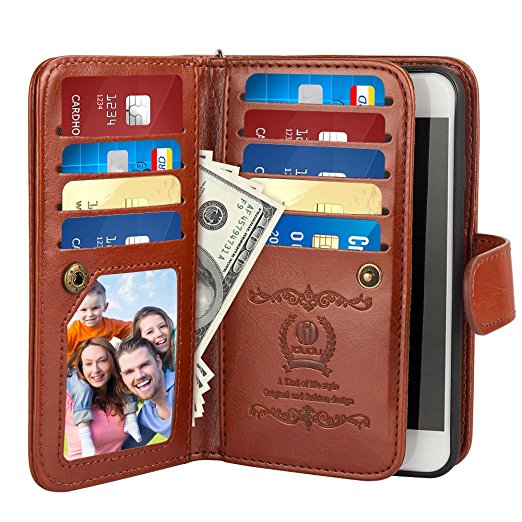 iPhone 6 Plus Case, iPhone 6S Plus Flip Folio Wallet Case, iDudu Luxury PU Leather Wallet Cover Case with Credit Card Holder & Wrist Strap for iPhone 6 Plus iPhone 6S Plus 5.5 Inch(Brown)